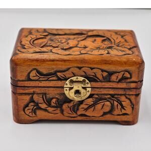 Vintage Hand Carved Wooden Box Jewelry Trinket Flowers and Angels Asian